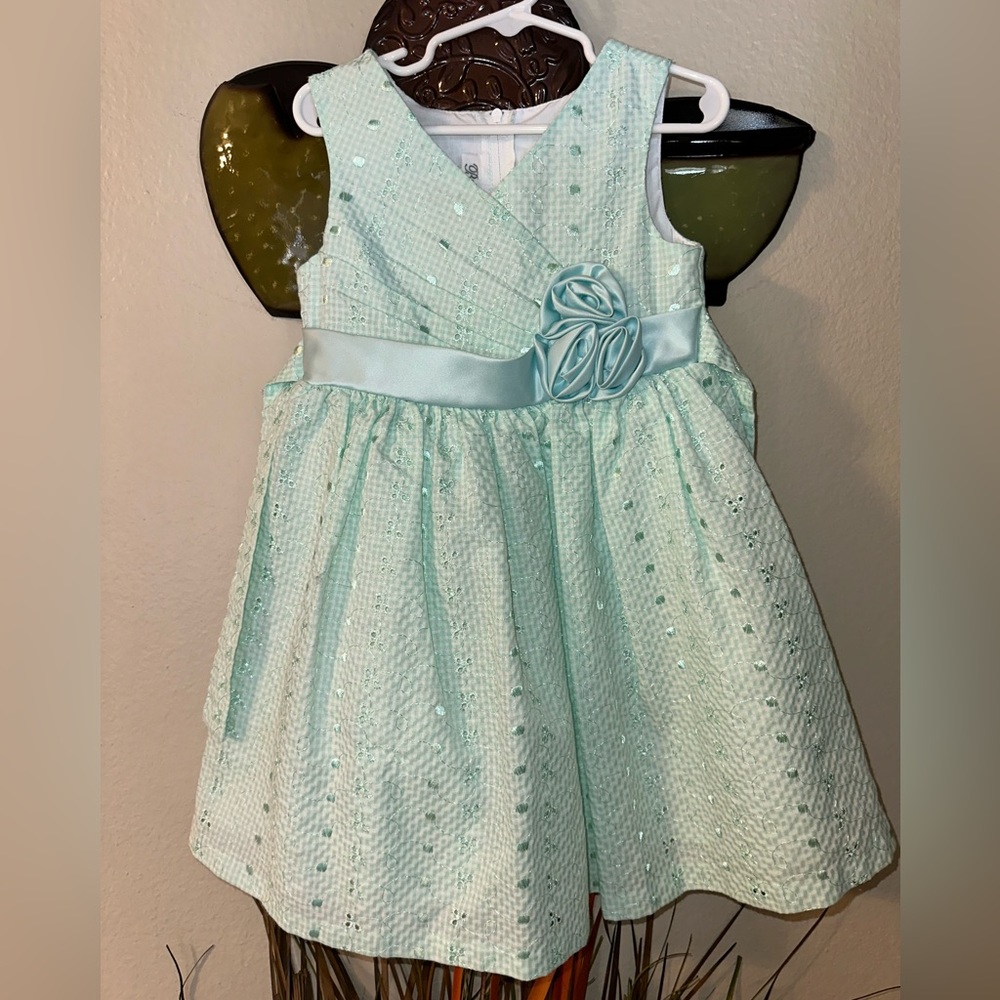 Toddler girl mint rosette and eyelet dress.